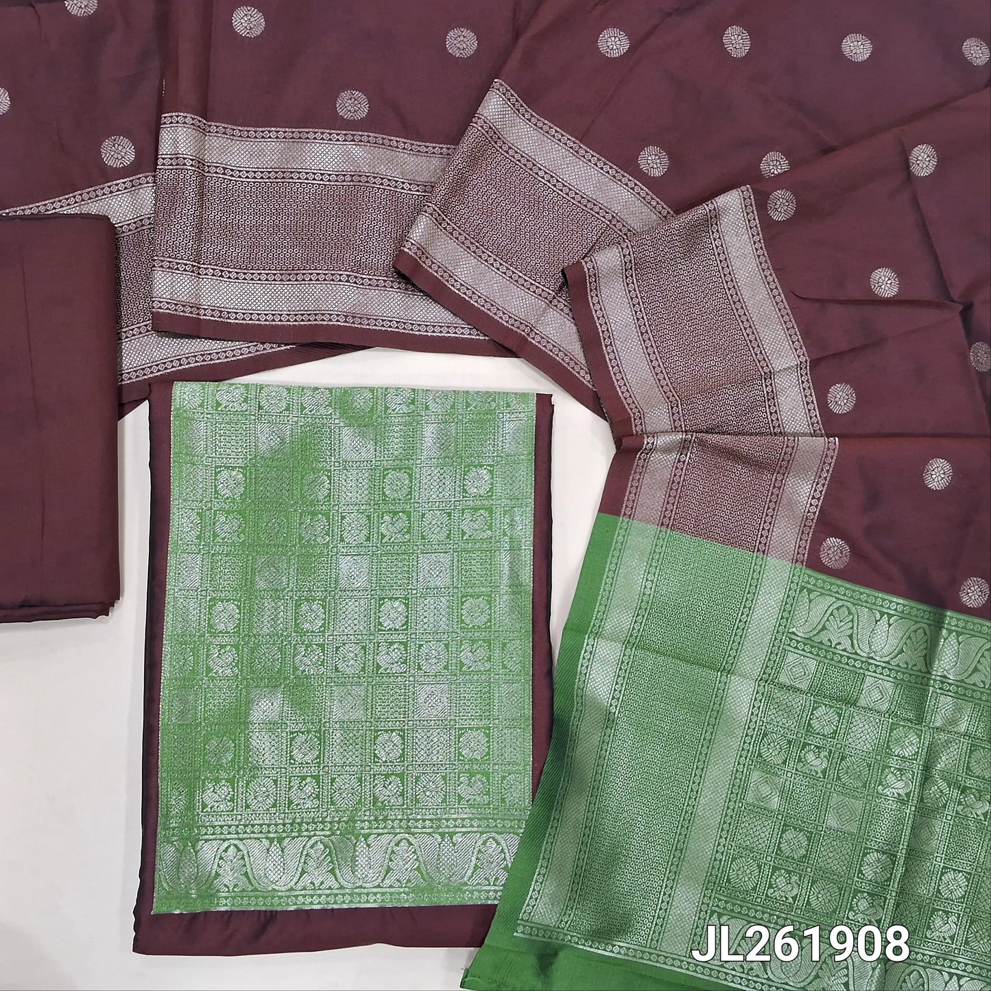 Dark maroon benarasi silk cotton unstitched salwar material,(GREEN)brocade weaving yoke patch and daman (lining needed)silk cotton bottom,zari buttas on full length silk cotton dupatta with borders and contrast pallu. JL261908
