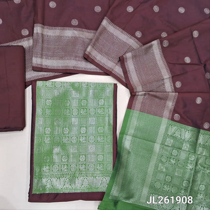 Dark maroon benarasi silk cotton unstitched salwar material,(GREEN)brocade weaving yoke patch and daman (lining needed)silk cotton bottom,zari buttas on full length silk cotton dupatta with borders and contrast pallu. JL261908