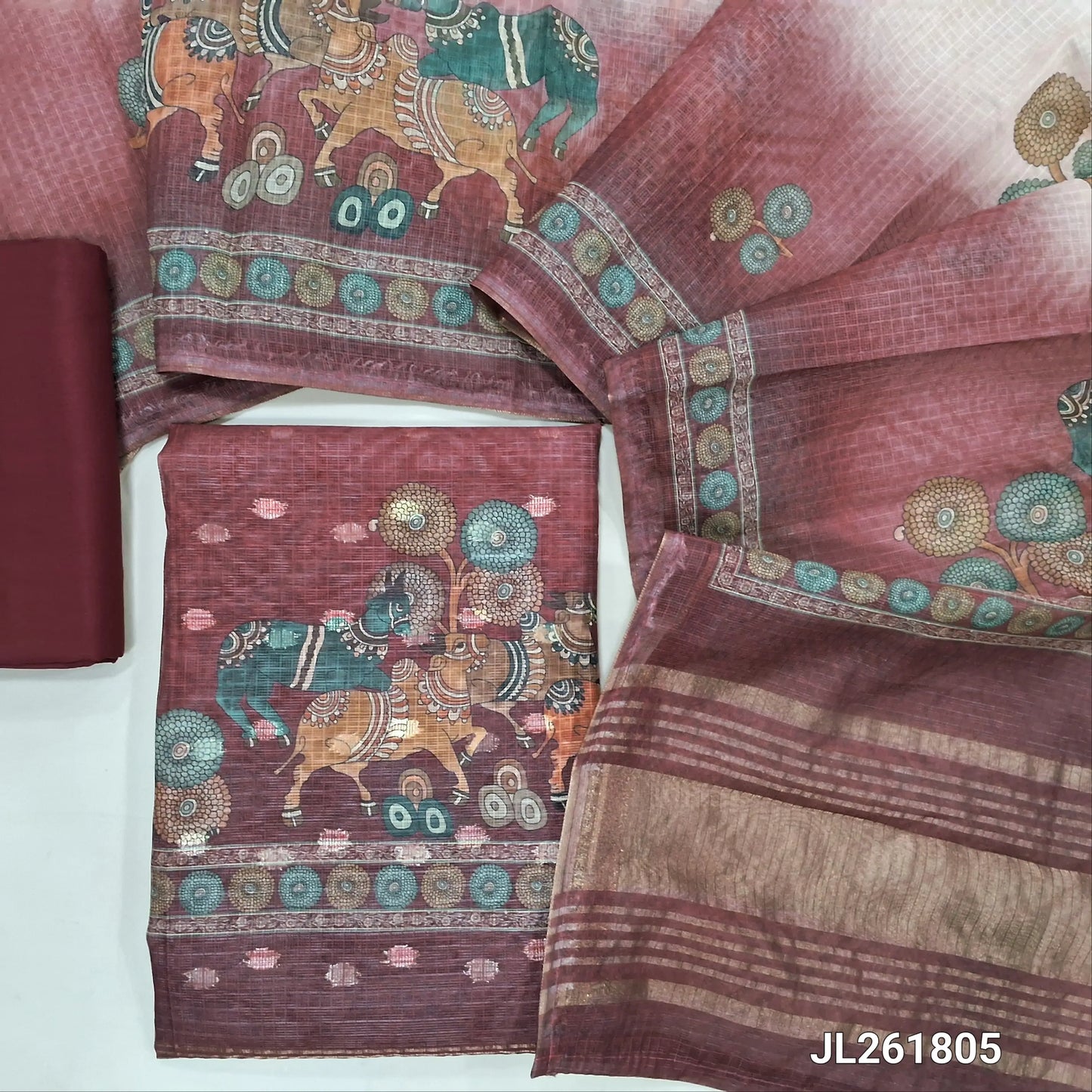 Dark & light maroon shade benarasi chanderi kota unstitched salwar material,zari buttas all over,digital printed and tissue daman,( lining needed)spun cotton bottom,digital printed dual shaded benarasi chanderi kota dupatta with tissue pallu. JL261805