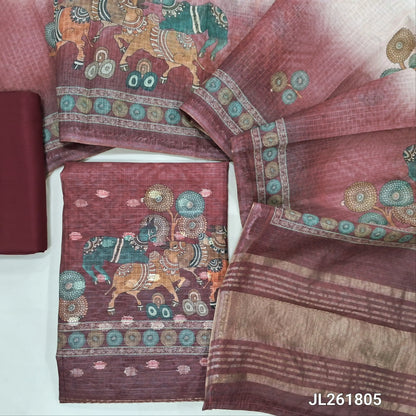 Dark & light maroon shade benarasi chanderi kota unstitched salwar material,zari buttas all over,digital printed and tissue daman,( lining needed)spun cotton bottom,digital printed dual shaded benarasi chanderi kota dupatta with tissue pallu. JL261805