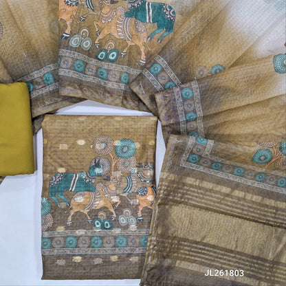 Mehandhi yellow & light brown benarasi chanderi kota unstitched salwar material,zari buttas all over,digital printed and tissue daman,( lining needed)spun cotton bottom,digital printed dual shaded benarasi chanderi kota dupatta with tissue pallu. JL261803