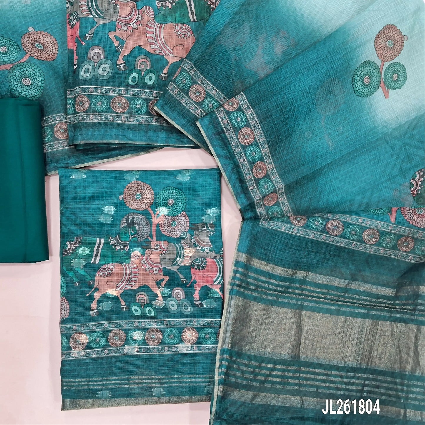 Dark teal green benarasi chanderi kota unstitched salwar material,zari buttas all over,digital printed and tissue daman,( lining needed)spun cotton bottom,digital printed dual shaded benarasi chanderi kota dupatta with tissue pallu. JL261804