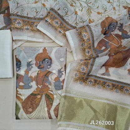 Rich beige benarasi chanderi kota unstitched salwar material,zari buttas all over,digital printed and tissue daman,( lining needed)spun cotton bottom,digital printed benarasi chanderi kota dupatta with tissue pallu. JL262003