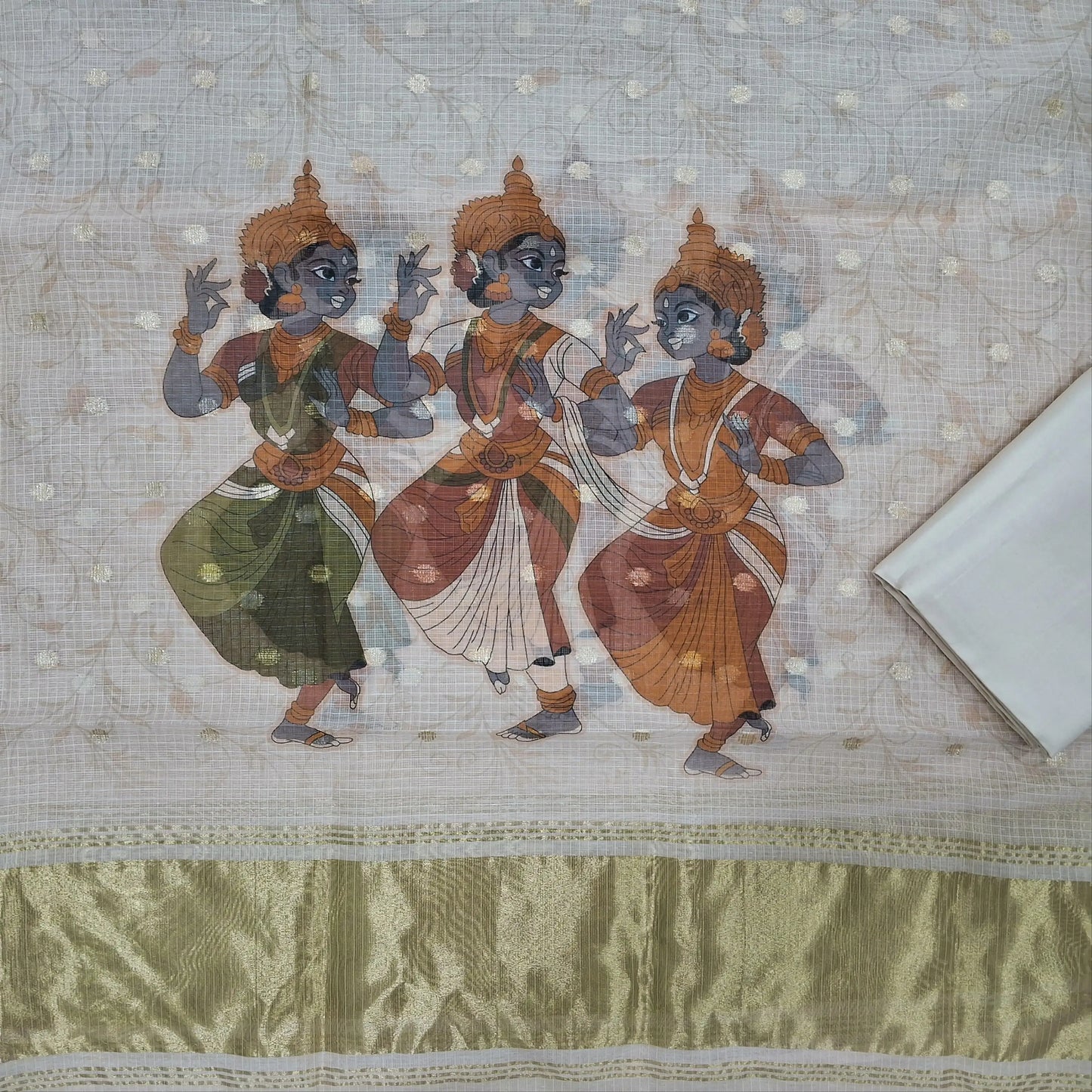 Rich beige benarasi chanderi kota unstitched salwar material,zari buttas all over,digital printed and tissue daman,( lining needed)spun cotton bottom,digital printed benarasi chanderi kota dupatta with tissue pallu. JL262003