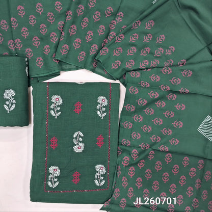 Leafy green premium slub cotton unstitched salwar material ( soft,lining optional)block printed &hand embroidery work on yoke,printed cotton bottom, block printed full length pure mul cotton dupatta. JL262011