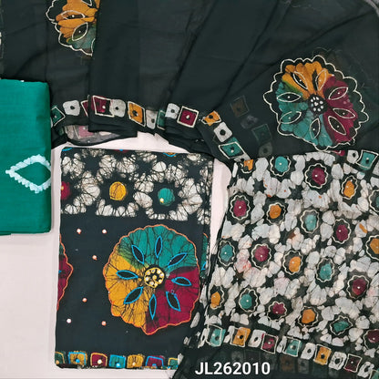 Multicolored wax batik dyed pure cotton unstitched salwar material,thread work on front, colorful daman,(lining needed)turquoise green batik cotton bottom, pure chiffon dupatta(TAPPING NEEDED).JL262010