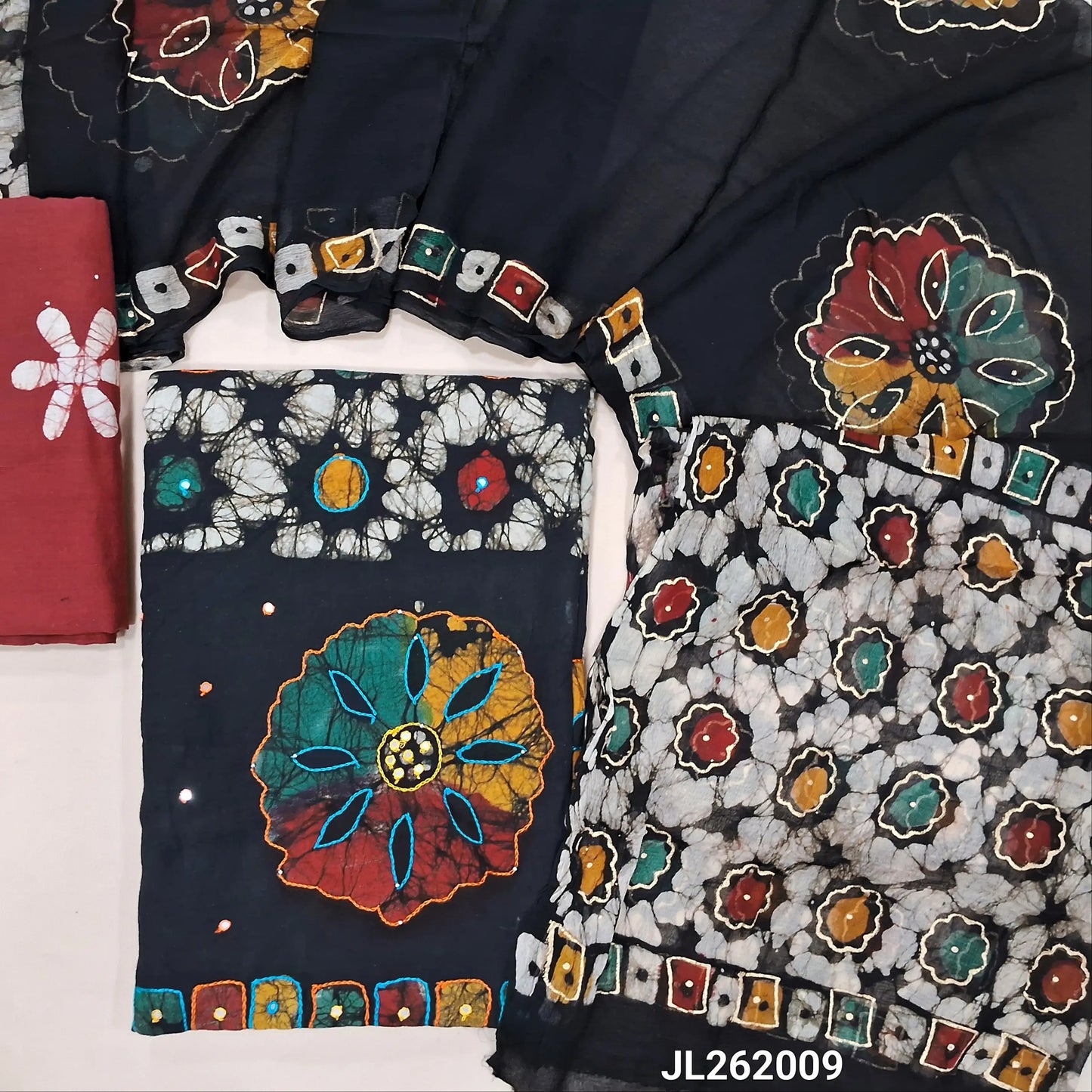 Multicolored wax batik dyed pure cotton unstitched salwar material,thread work on front, colorful daman,(lining needed)maroon batik cotton bottom, pure chiffon dupatta(TAPPING NEEDED).JL262009