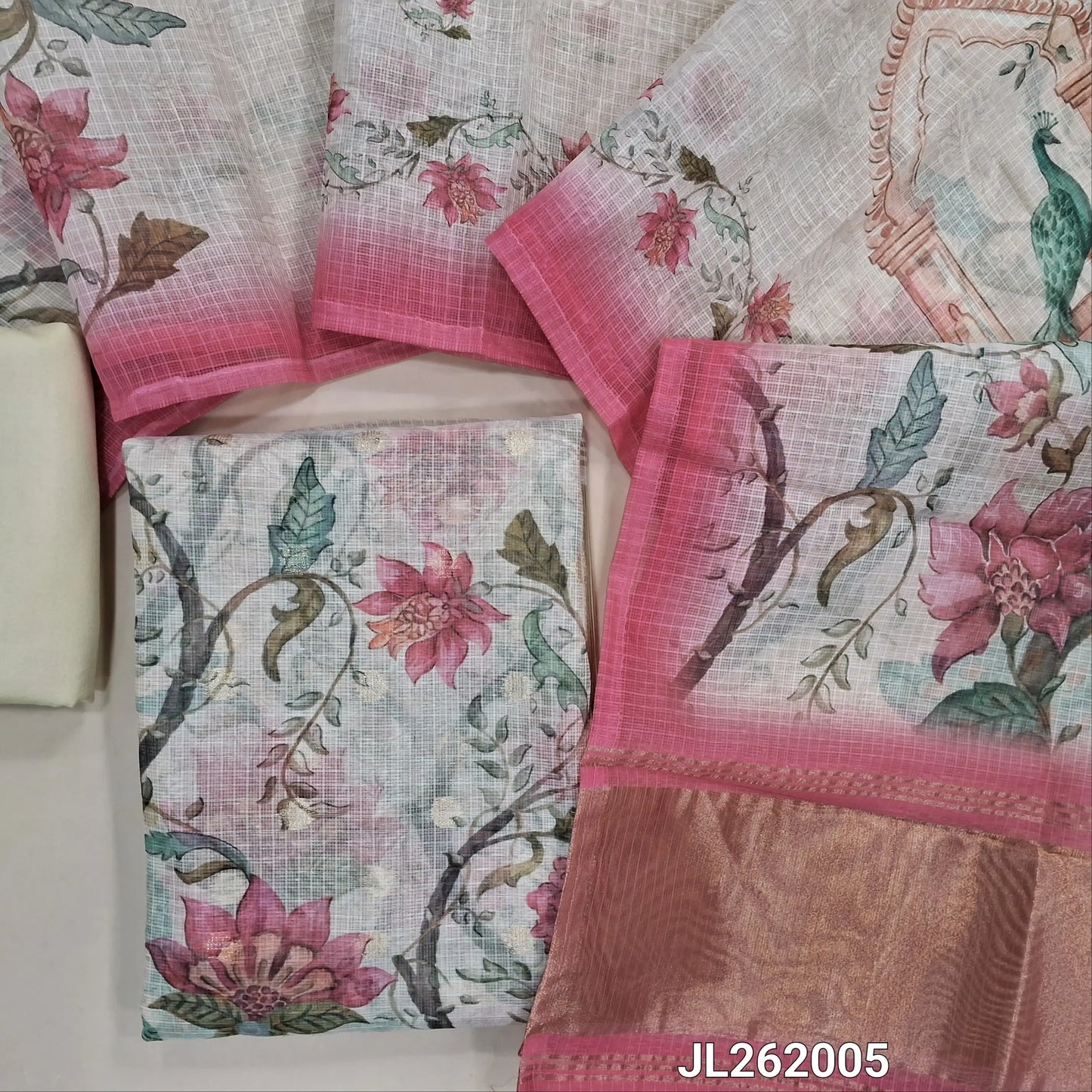 Rich beige benarasi chanderi kota unstitched salwar material,zari buttas all over,digital printed and tissue daman,( lining needed)spun cotton bottom,digital printed benarasi chanderi kota dupatta with tissue pallu. JL262002