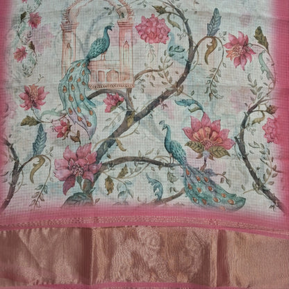 Rich beige benarasi chanderi kota unstitched salwar material,zari buttas all over,digital printed and tissue daman,( lining needed)spun cotton bottom,digital printed benarasi chanderi kota dupatta with tissue pallu. JL262002