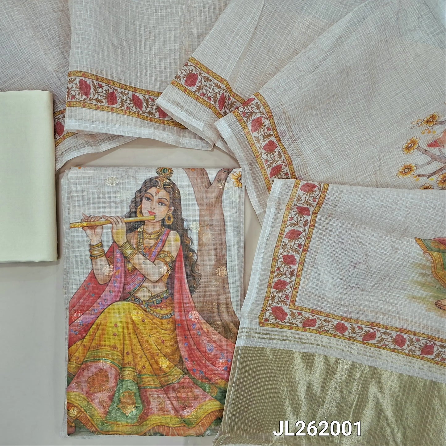Rich beige benarasi chanderi kota unstitched salwar material,zari buttas all over,digital printed and tissue daman,( lining needed)spun cotton bottom,digital printed benarasi chanderi kota dupatta with tissue pallu. JL262001