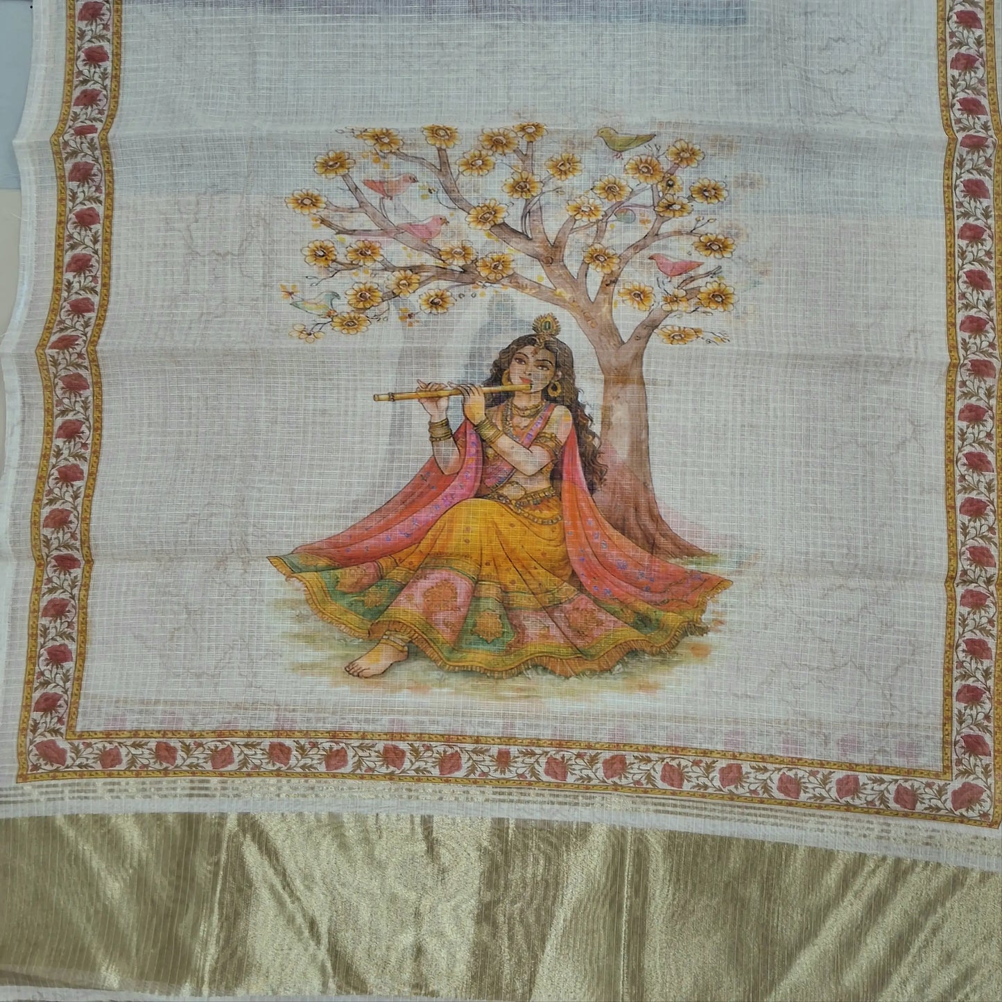 Rich beige benarasi chanderi kota unstitched salwar material,zari buttas all over,digital printed and tissue daman,( lining needed)spun cotton bottom,digital printed benarasi chanderi kota dupatta with tissue pallu. JL262001