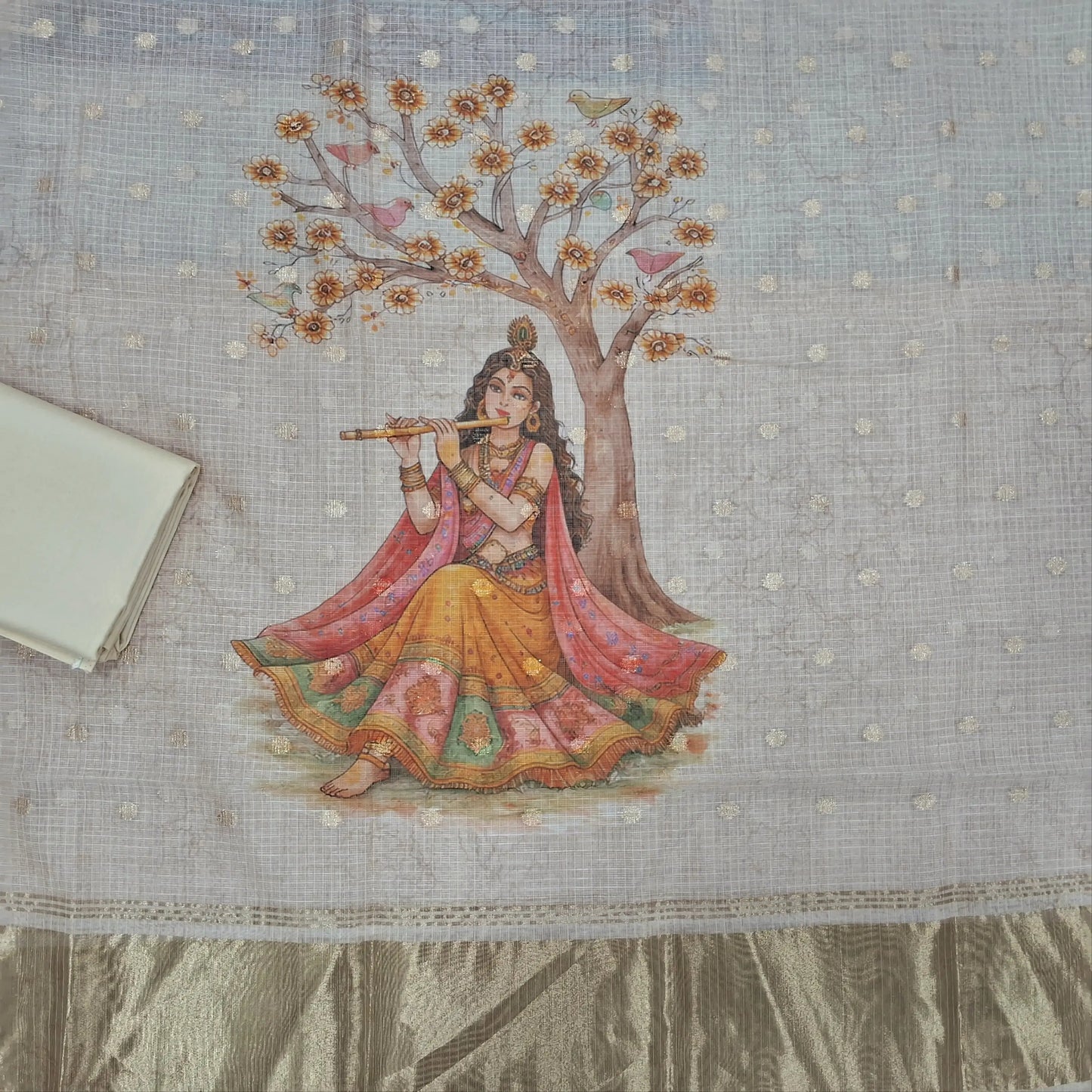Rich beige benarasi chanderi kota unstitched salwar material,zari buttas all over,digital printed and tissue daman,( lining needed)spun cotton bottom,digital printed benarasi chanderi kota dupatta with tissue pallu. JL262001