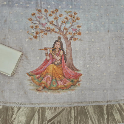 Rich beige benarasi chanderi kota unstitched salwar material,zari buttas all over,digital printed and tissue daman,( lining needed)spun cotton bottom,digital printed benarasi chanderi kota dupatta with tissue pallu. JL262001