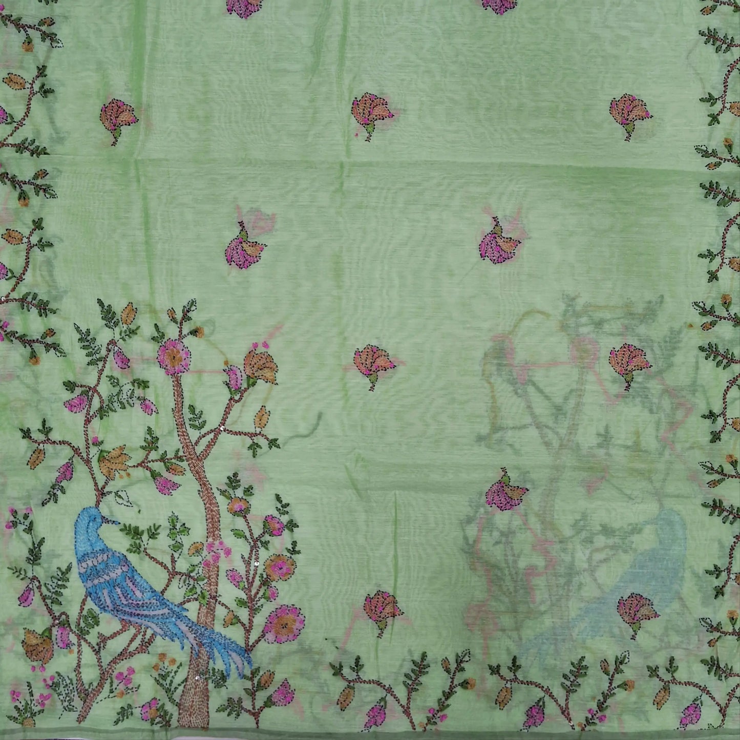 Pastel green digital printed premium silk cotton unstitched salwar material,(light weight,lining needed)thread detailing,hand embroidery, kantha stitch & french knot work on daman,santoon bottom, embroidery & digital printed silk cotton dupatta. JN260701