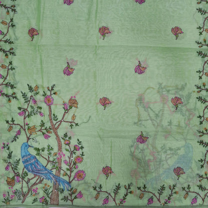 Pastel green digital printed premium silk cotton unstitched salwar material,(light weight,lining needed)thread detailing,hand embroidery, kantha stitch & french knot work on daman,santoon bottom, embroidery & digital printed silk cotton dupatta. JN260701