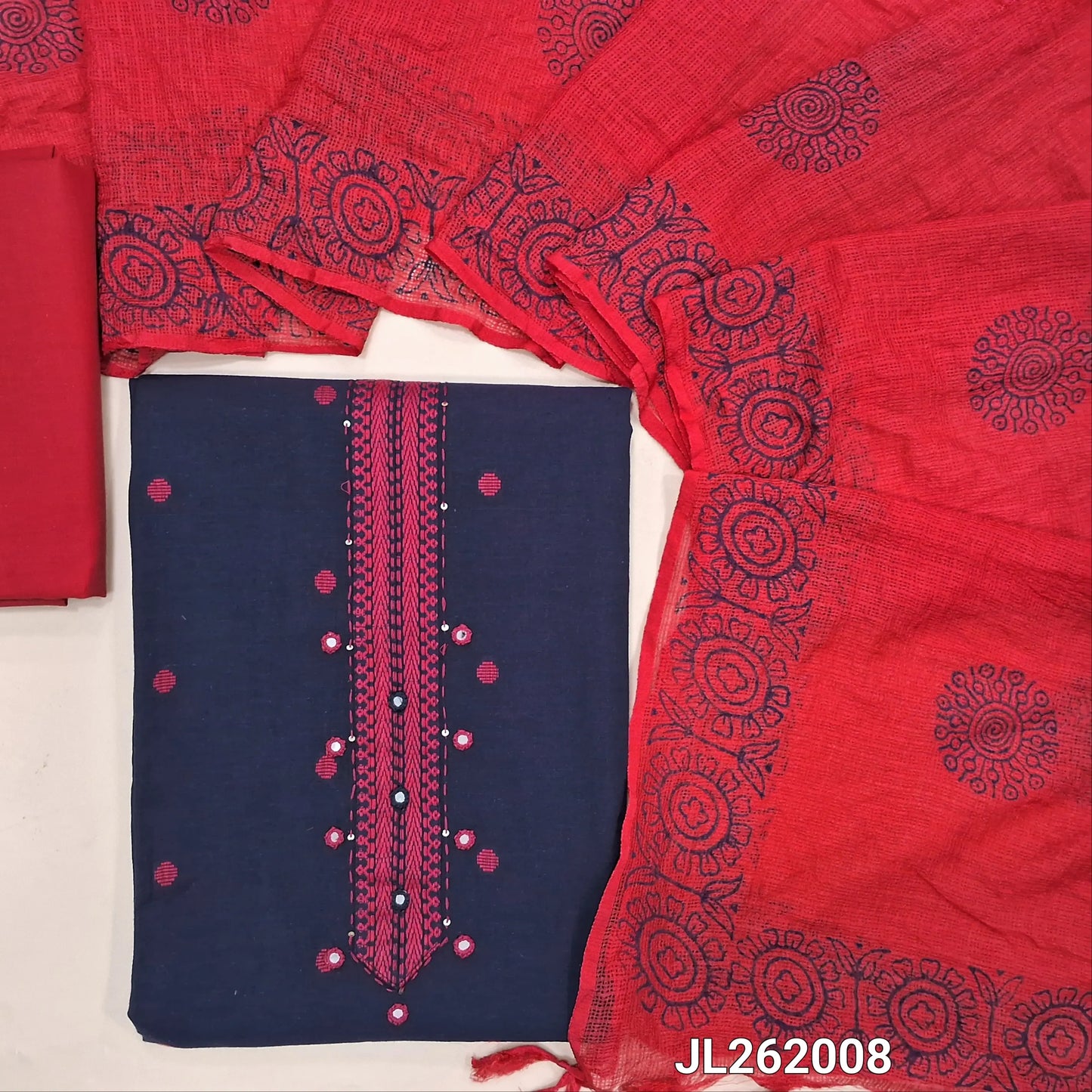 Dark blue handloom cotton unstitched salwar material,thread woven and real mirror on yoke, thread buttas all over,(lining optional)red cotton bottom, block printed fancy kota dupatta. JL262008