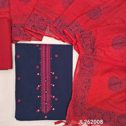 Dark blue handloom cotton unstitched salwar material,thread woven and real mirror on yoke, thread buttas all over,(lining optional)red cotton bottom, block printed fancy kota dupatta. JL262008