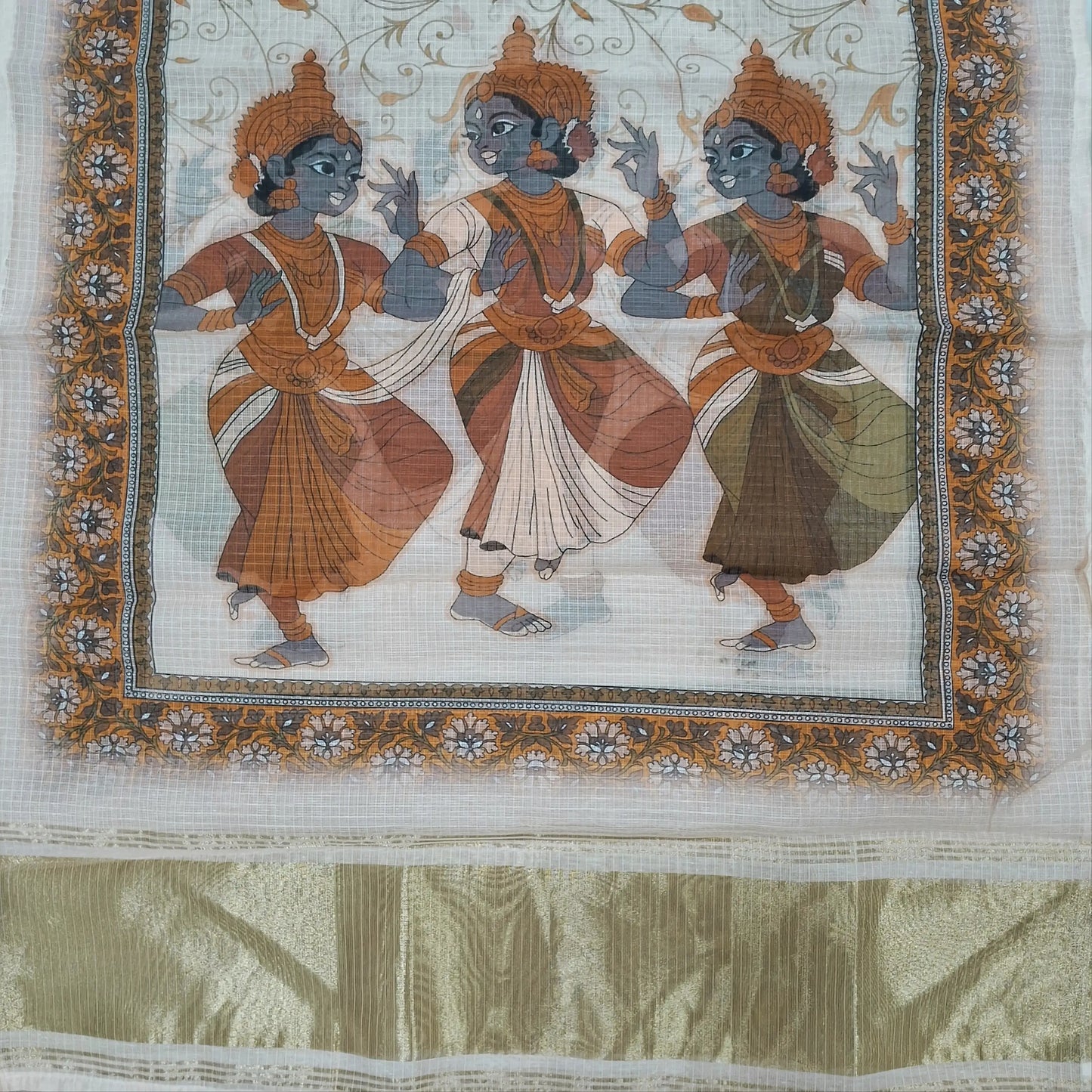 Rich beige benarasi chanderi kota unstitched salwar material,zari buttas all over,digital printed and tissue daman,( lining needed)spun cotton bottom,digital printed benarasi chanderi kota dupatta with tissue pallu. JL262003