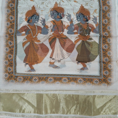 Rich beige benarasi chanderi kota unstitched salwar material,zari buttas all over,digital printed and tissue daman,( lining needed)spun cotton bottom,digital printed benarasi chanderi kota dupatta with tissue pallu. JL262003