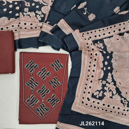 Maroon premium dabu cotton unstitched salwar material,applique work,kantha stitch and mirror work on yoke,(soft,lining optional)dabu cotton bottom, floral design on mul cotton dupatta with kalamkari pallu. JL262113