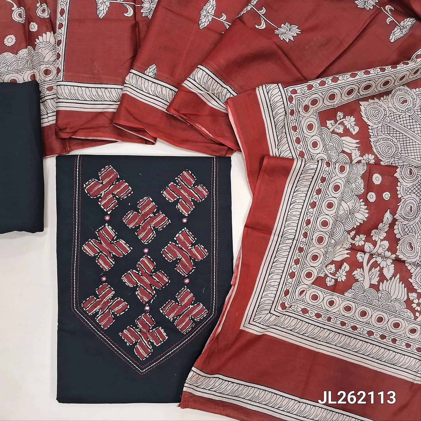 Black premium dabu cotton unstitched salwar material,applique work,kantha stitch and mirror work on yoke,(soft,lining optional)dabu cotton bottom, floral design on mul cotton dupatta with kalamkari pallu. JL262114