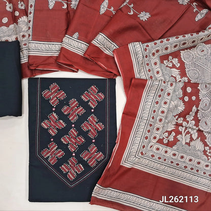 Black premium dabu cotton unstitched salwar material,applique work,kantha stitch and mirror work on yoke,(soft,lining optional)dabu cotton bottom, floral design on mul cotton dupatta with kalamkari pallu. JL262114