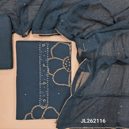 Dark teal blue soft silk cotton unstitched salwar material, fancy buttons on yoke(lining optional)matching santoon bottom, fancy chiffon dupatta with sequins& kota lace tapings. JL262116