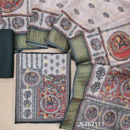 Dark grey semi tussar unstitched salwar material, madhubani printed yoke,zari buttas all over, (Lining needed)spun cotton bottom,digital printed semi tussar dupatta with madhubani pallu and zari woven borders. JL262111