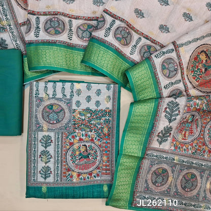 Turquoise green semi tussar unstitched salwar material, madhubani printed yoke,zari buttas all over, (Lining needed)spun cotton bottom,digital printed semi tussar dupatta with madhubani pallu and zari woven borders. JL262110