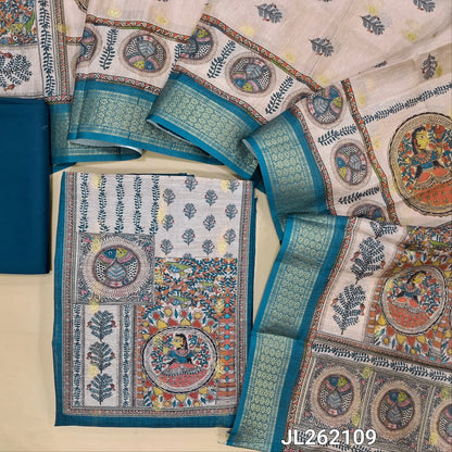 Teal blue semi tussar unstitched salwar material, madhubani printed yoke,zari buttas all over, (Lining needed)spun cotton bottom,digital printed semi tussar dupatta with madhubani pallu and zari woven borders. JL262109