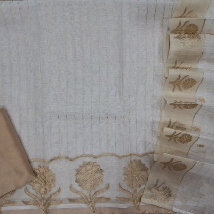 Off white slub silk cotton unstitched salwar material,kantha stitch on front,applique work with organza daman,(lining needed)beige silk cotton bottom, embroidery and zari checks on slub silk cotton dupatta with zari woven borders. JL262112