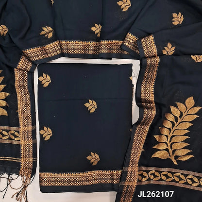 Black premium mulberry silk unstitched salwar material, zari buttas all over,zari woven borders, (lining needed)mulberry silk bottom with zari borders, rich weaving on mulberry silk dupatta with pallu and tassels. JL262107