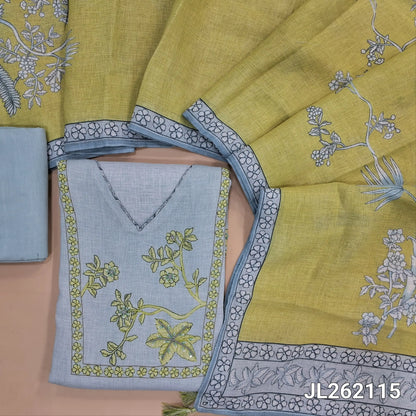 Powder blue premium linen salwar material,V neck printed with bead and sequins work on yoke, rich damna, (textured, lining needed)drum dyed cotton fabric provided for lining, NO BOTTOM,digital printed pure linen with floral printed borders. JL262115