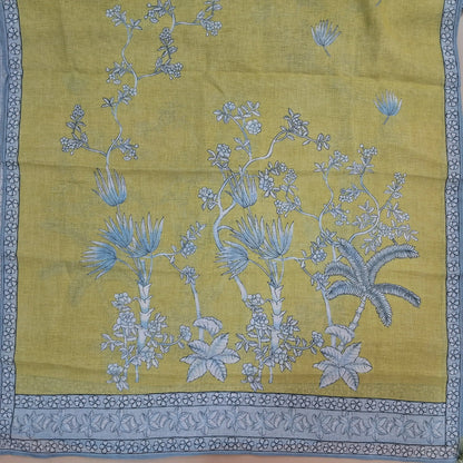 Powder blue premium linen salwar material,V neck printed with bead and sequins work on yoke, rich damna, (textured, lining needed)drum dyed cotton fabric provided for lining, NO BOTTOM,digital printed pure linen with floral printed borders. JL262115
