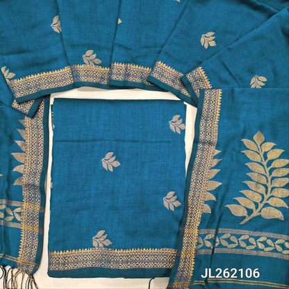 Turquoise blue premium mulberry silk unstitched salwar material, zari buttas all over,zari woven borders, (lining needed)mulberry silk bottom with zari borders, rich weaving on mulberry silk dupatta with pallu and tassels. JL262106
