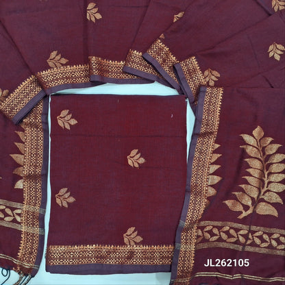 Maroon premium mulberry silk unstitched salwar material, zari buttas all over,zari woven borders, (lining needed)mulberry silk bottom with zari borders, rich weaving on mulberry silk dupatta with pallu and tassels. JL262105