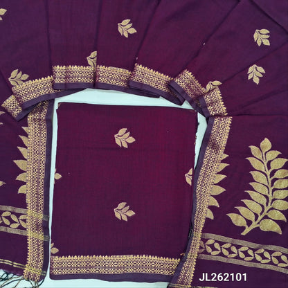 Beetroot purple premium mulberry silk unstitched salwar material, zari buttas all over,zari woven borders, (lining needed)mulberry silk bottom with zari borders, rich weaving on mulberry silk dupatta with pallu and tassels. JL262101