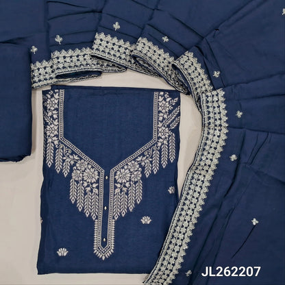 Dark blue semi dola silk unstitched salwar material, zari weaving design on front(silky fabric, lining needed)santoon bottom, zari& sequins work on short width soft silk cotton dupatta. JL262207