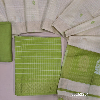 Green shade Viscous Silk cotton unstitched salwar material, self checked design all over, zari wovan borders on daman,(soft, Lining Needed) Santoon Bottom,thread,zari and viscous silk cotton dupatta with tassels and contrast pallu. JL262201