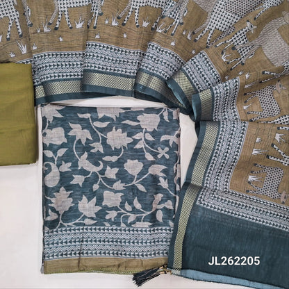 Black base printed moonga slub unstitched salwar material, ( lining needed)olive green silky bottom,printed moonga slub dupatta with zari borders. JL262205