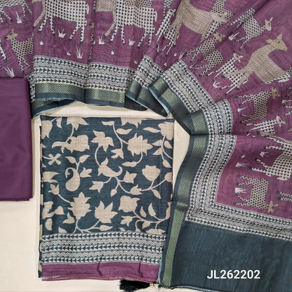 Black base printed moonga slub unstitched salwar material, ( lining needed)beetroot purple silky bottom,printed moonga slub dupatta with zari borders. JL262202