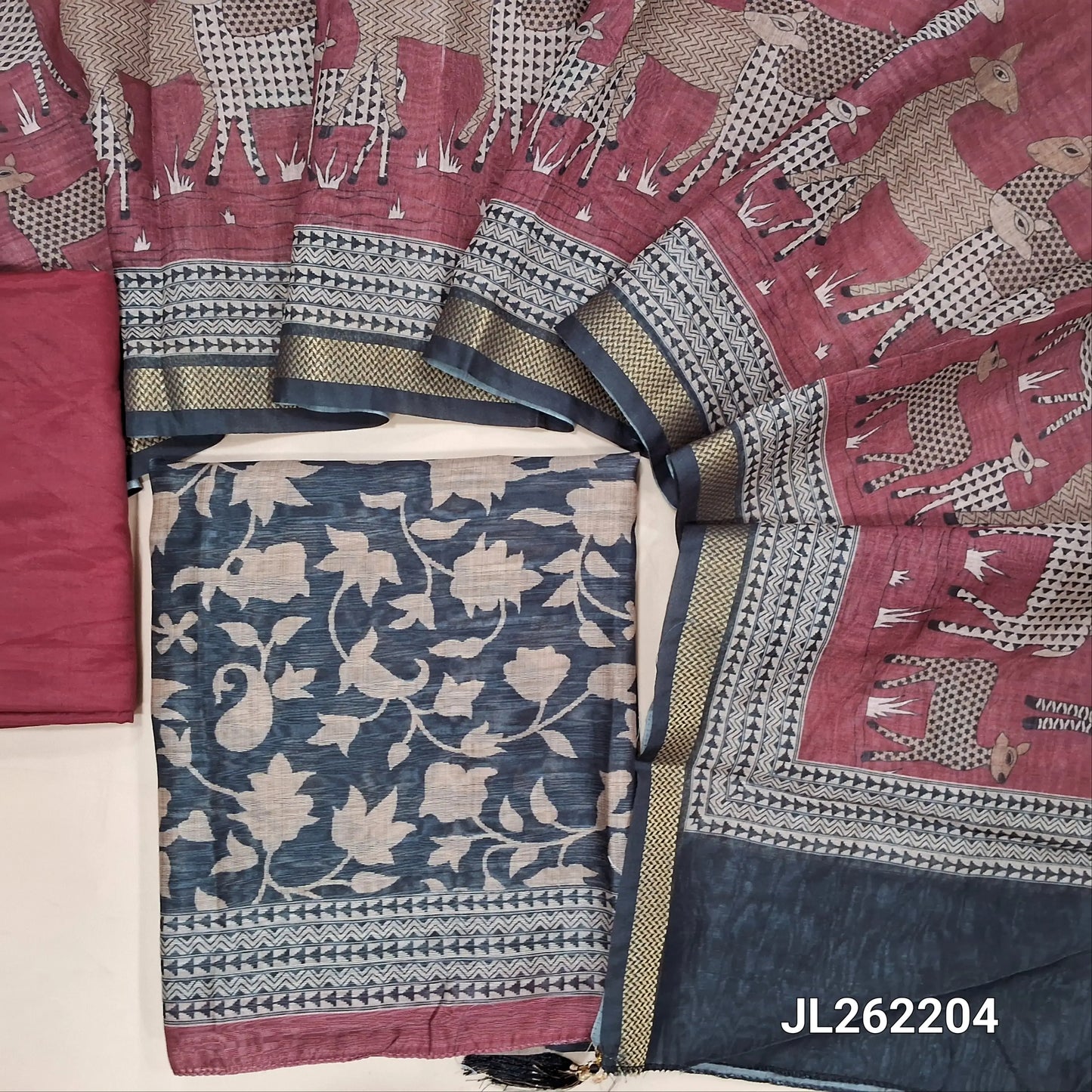 Black base printed moonga slub unstitched salwar material, ( lining needed)dark maroon silky bottom,printed moonga slub dupatta with zari borders. JL262204