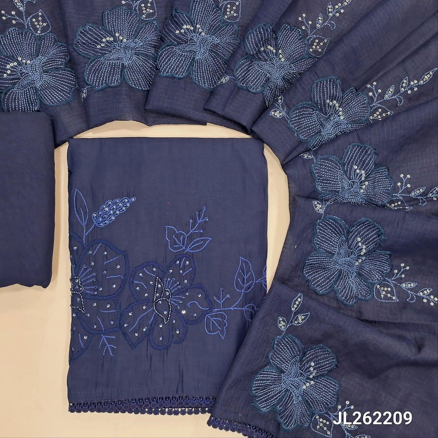 Dark blue premium mul chanderi unstitched salwar material,thread embroidery with sugar bead and sequins on daman,( soft,lining needed)spun cotton bottom,embroidery and sequins work on kota dupatta with lace tappings. JL262209