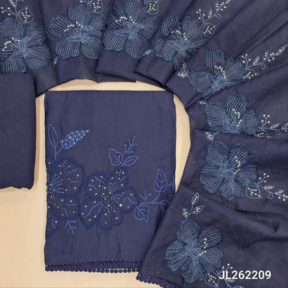 Dark blue premium mul chanderi unstitched salwar material,thread embroidery with sugar bead and sequins on daman,( soft,lining needed)spun cotton bottom,embroidery and sequins work on kota dupatta with lace tappings. JL262209