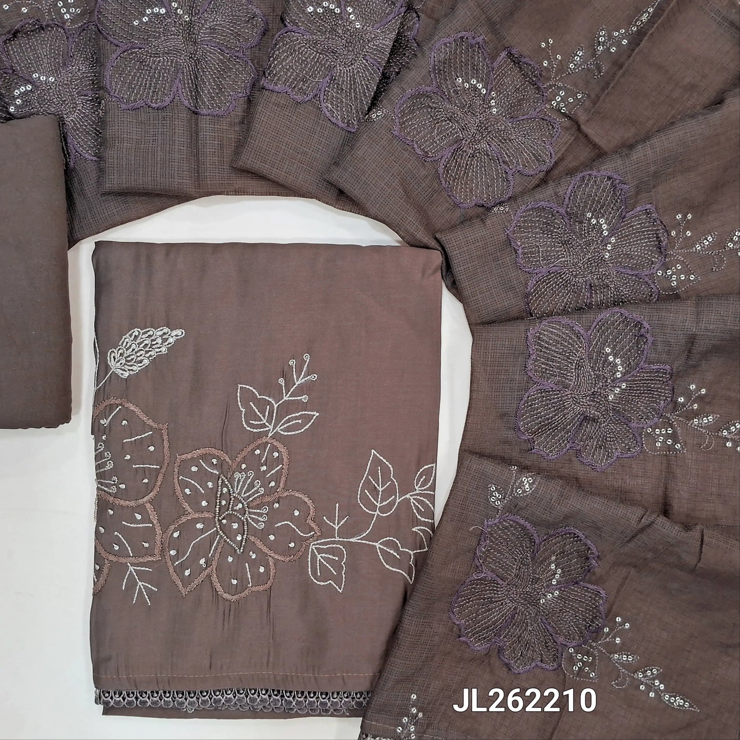 Dark brown premium mul chanderi unstitched salwar material,thread embroidery with sugar bead and sequins on daman,( soft,lining needed)spun cotton bottom,embroidery and sequins work on kota dupatta with lace tappings. JL262210