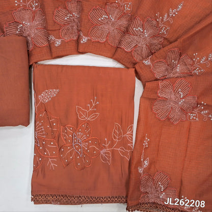Brick red premium mul chanderi unstitched salwar material,thread embroidery with sugar bead and sequins on daman,( soft,lining needed)spun cotton bottom,embroidery and sequins work on kota dupatta with lace tappings. JL262208