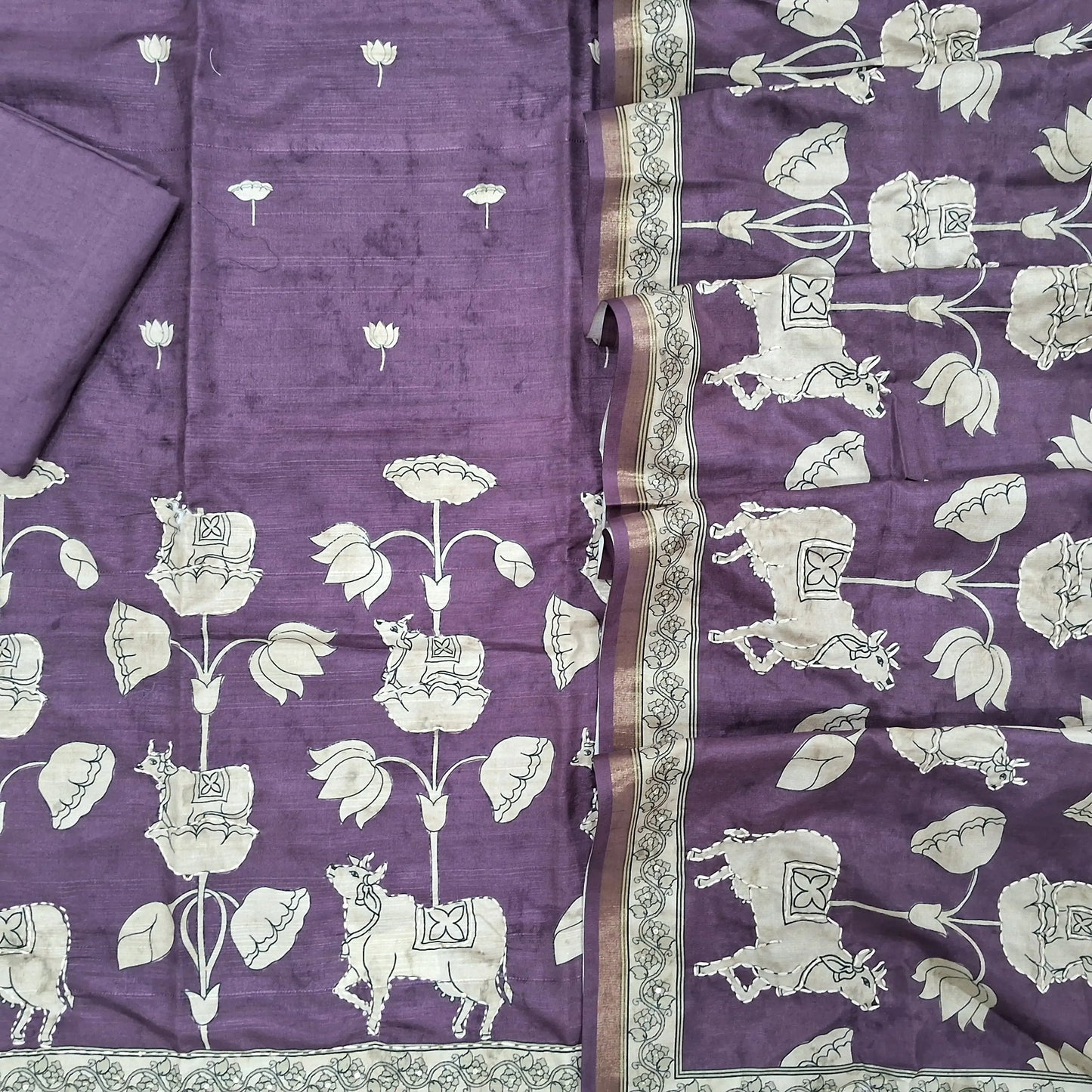 Mauve premium semi tussar unstitched salwar material, printed on front, pichwai print and kantha stitch on daman(soft, lining needed) matching santoon bottom, digital printed and kantha stitch work on semi tussar dupatta with tissue borders. FB262001