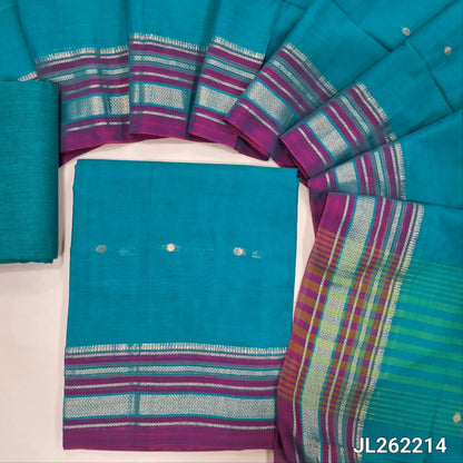 Turquoise blue mercerized handloom cotton unstitched salwar material,zari buttas all over, thread weaving design on daman(lining needed)handloom cotton bottom,zari buttas on full length mercerized handloom cotton dupatta with borders and pallu. JL262214