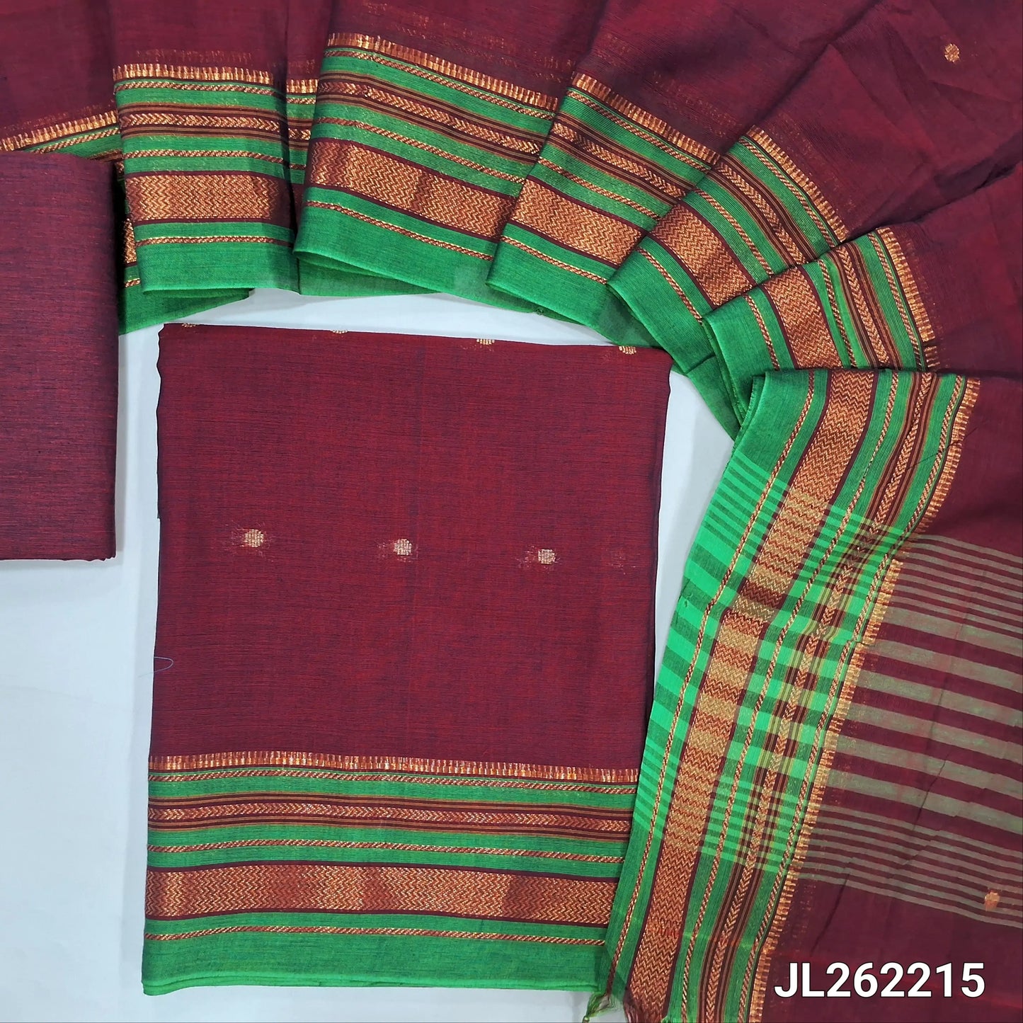 Maroon mercerized handloom cotton unstitched salwar material,zari buttas all over, thread weaving design on daman(lining needed)handloom cotton bottom,zari buttas on full length mercerized handloom cotton dupatta with borders and pallu. JL262215