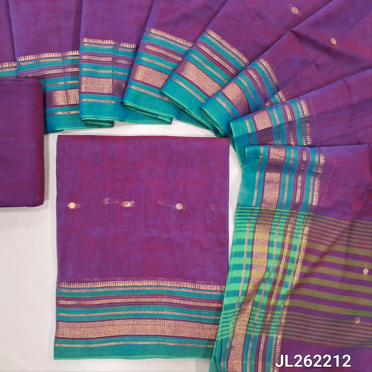 Purple mercerized handloom cotton unstitched salwar material,zari buttas all over, thread weaving design on daman(lining needed)handloom cotton bottom,zari buttas on full length mercerized handloom cotton dupatta with borders and pallu. JL262212